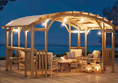 Sunjoy Arched Cedar Pergola Fits over a Hot Tub, Included Side Tables and Overhead Shade Canopy