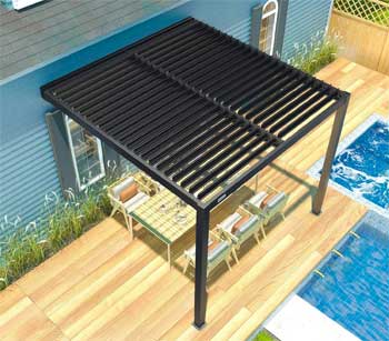 Black Metal Louvered Pergola Attached to Wall of House by Pool