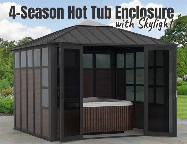 4-Season Hot Tub Enclosure for Year-Round Use - Steel Roof, Polycarbonate Walls, Skylight, Locking Doors
