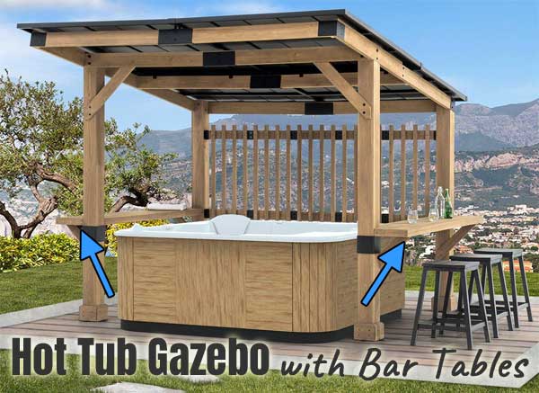 Cedar Wood Hot Tub Gazebo with Bar Tables for Drinks, Dining