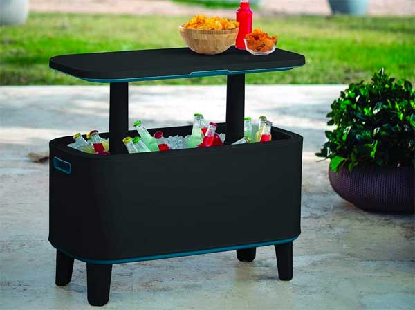 Keter Pop-Up Table with Hidden Ice Cooler Underneath. Convenient Side Table Next to Jacuzzi