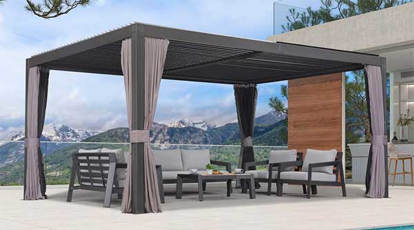 Metal Louvered Pergola with Zippered Bug Screens and Privacy Curtains on Sides