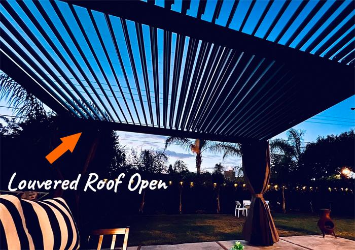 Louvered Roof Open on Purple Leaf Outdoor Metal Pergola