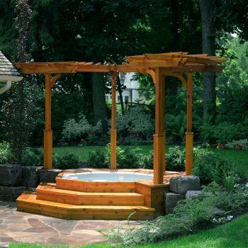 Cedar Pergola Over Hot Tub Provides Shade and Structure to Hang Privacy Curtains or Shades